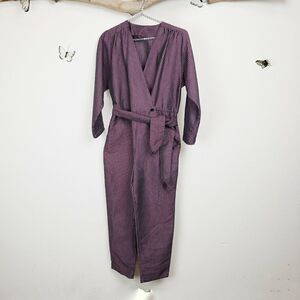 No brand striped button front belted jumpsuit